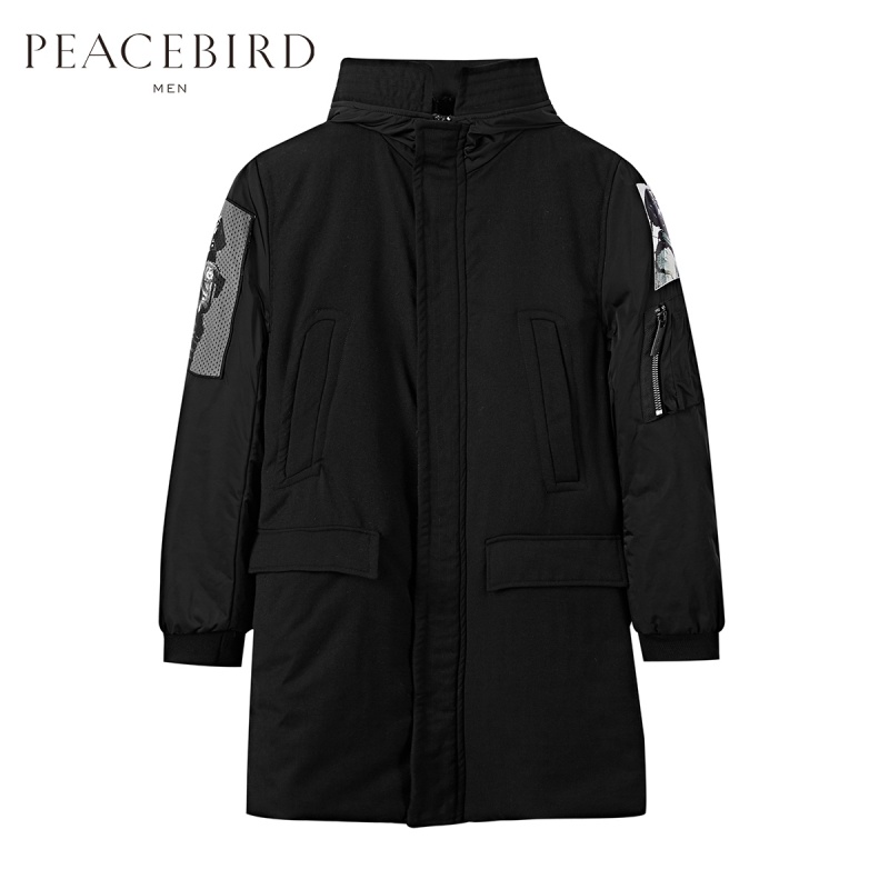 太平鸟冬新款黑色中长款棉服韩版贴布外套男棉褛