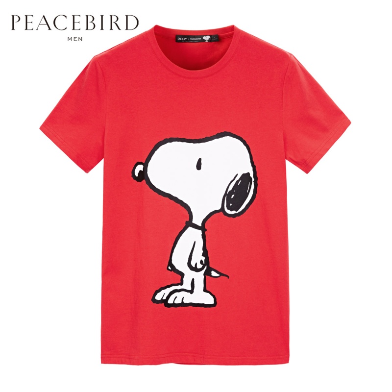 太平鸟男装Snoopy胶印史努比红色T恤圆领短袖
