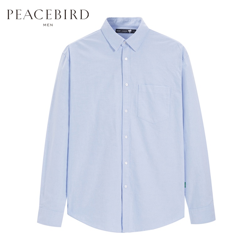 太平鸟男装冬季新款蓝色史努比系列个性时尚宽松长袖衬衫潮