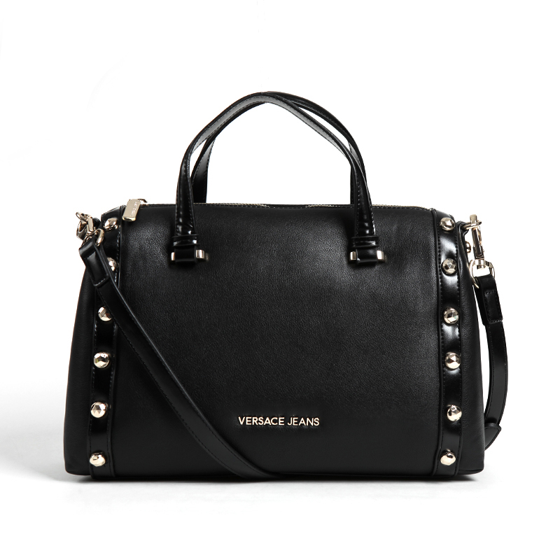 VERSACE JEANS范思哲 奢侈品 女士黑色聚酯纤维铆钉装饰手提包 70710 899