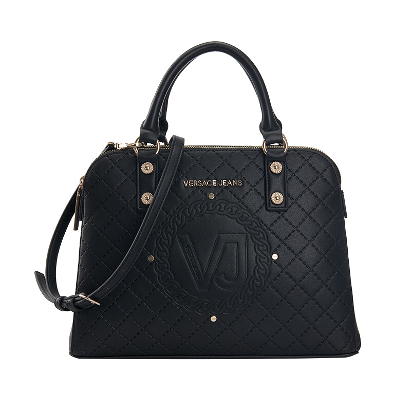 VERSACE JEANS范思哲18新款女士黑色聚酯纤维LOGO压纹双层拉链手提包 E1VRBBM4 70046 M57