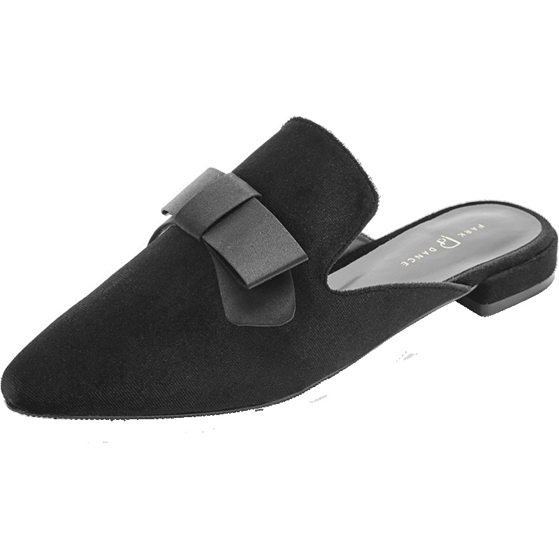 park dance夏季天鹅绒面女单鞋平底半拖鞋懒人鞋蝴蝶结点缀穆勒鞋