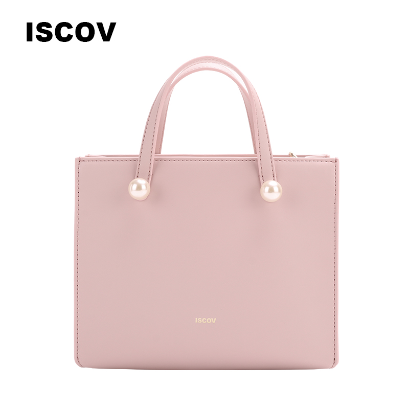 ISCOV真皮斜挎包 横款方形商务包OL单肩包珍珠手提包