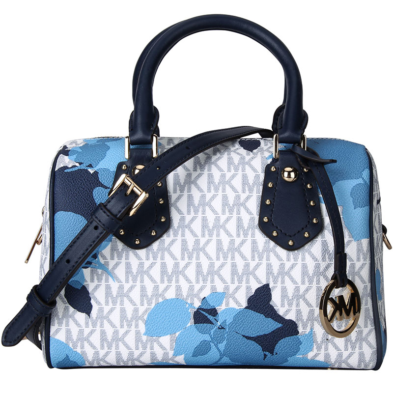 MICHAEL KORS 迈克·科尔斯 MK女包 ARIA系列白色蓝花LOGO款皮质女士手提单肩斜挎包