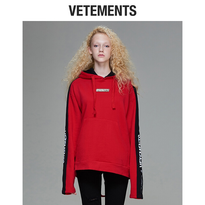 vetements卫衣女长袖连帽拼色刺绣logo女装2018秋冬新款红色