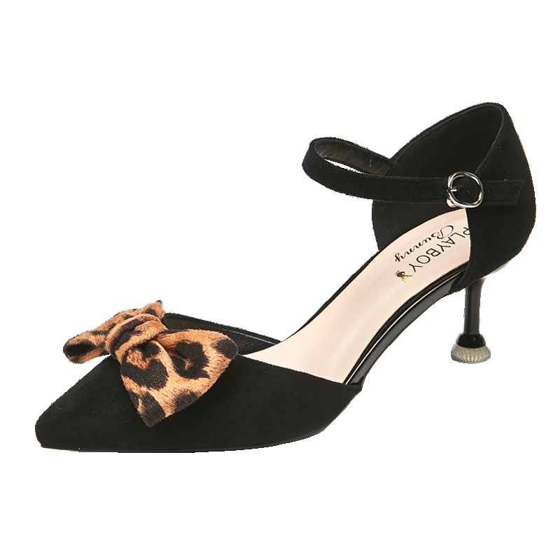 花花公子女鞋2019春夏新款性感通勤一字扣单鞋豹纹蝴蝶结细跟凉鞋