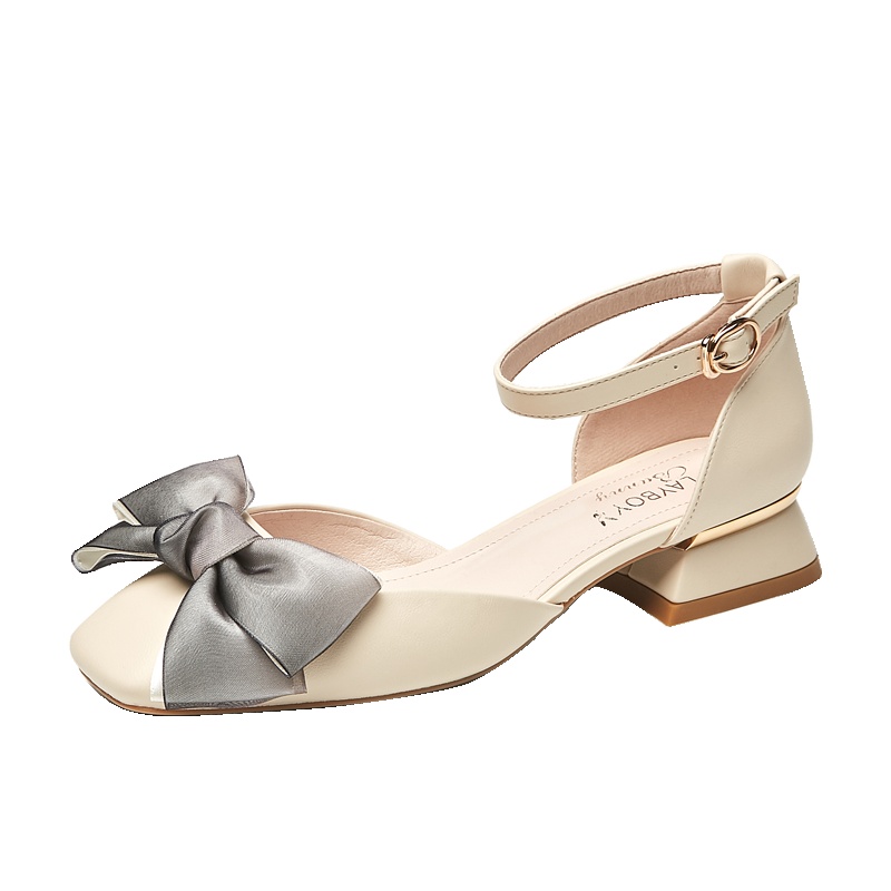 花花公子女鞋2019春夏新款拼色蝴蝶结百搭单鞋一字带低跟气质凉鞋