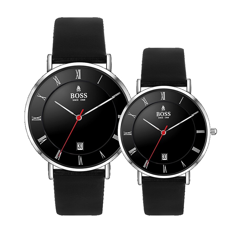 BOSS手表简约时尚潮流罗马字大盘三针日历情侣表 皮带防水石英黑银情侣对表