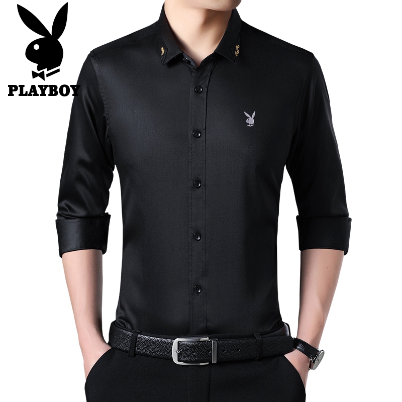 花花公子PLAYBOYJEANS长袖衬衫2018秋冬新品 商务休闲修身上衣潮流印花衬衣