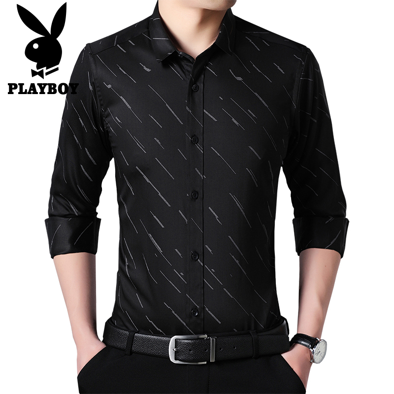 花花公子PLAYBOYJEANS长袖衬衫2018秋冬新品 商务休闲修身上衣潮流印花翻领衬衣