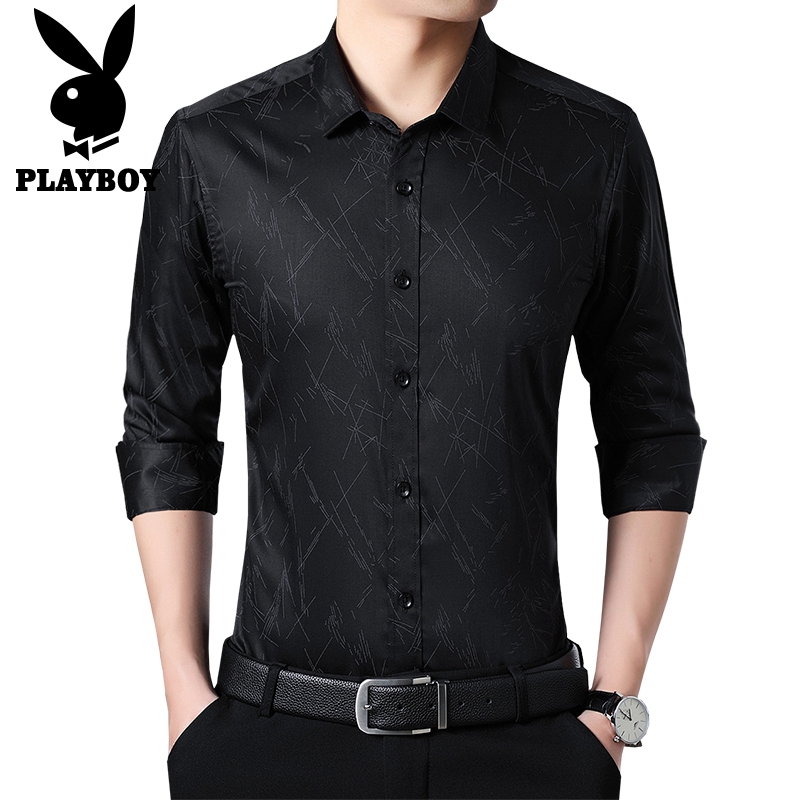 花花公子PLAYBOYJEANS长袖衬衫2018秋冬新品 商务休闲修身上衣潮流印花翻领长袖衬衣