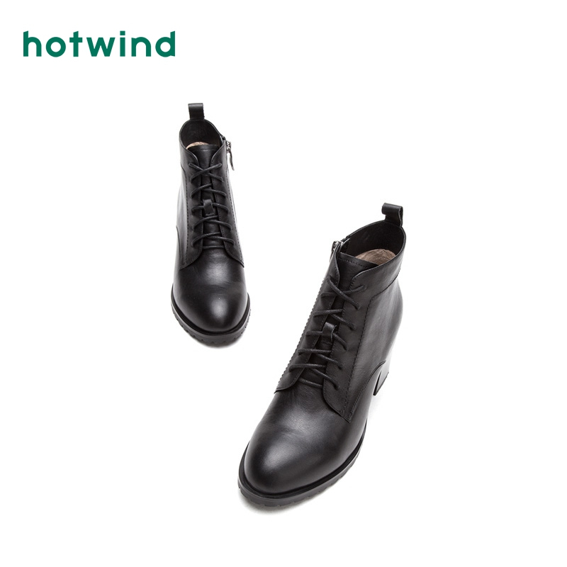 热风hotwind冬款潮流女士粗跟休闲靴系带牛皮百搭短靴女圆头H83W7402
