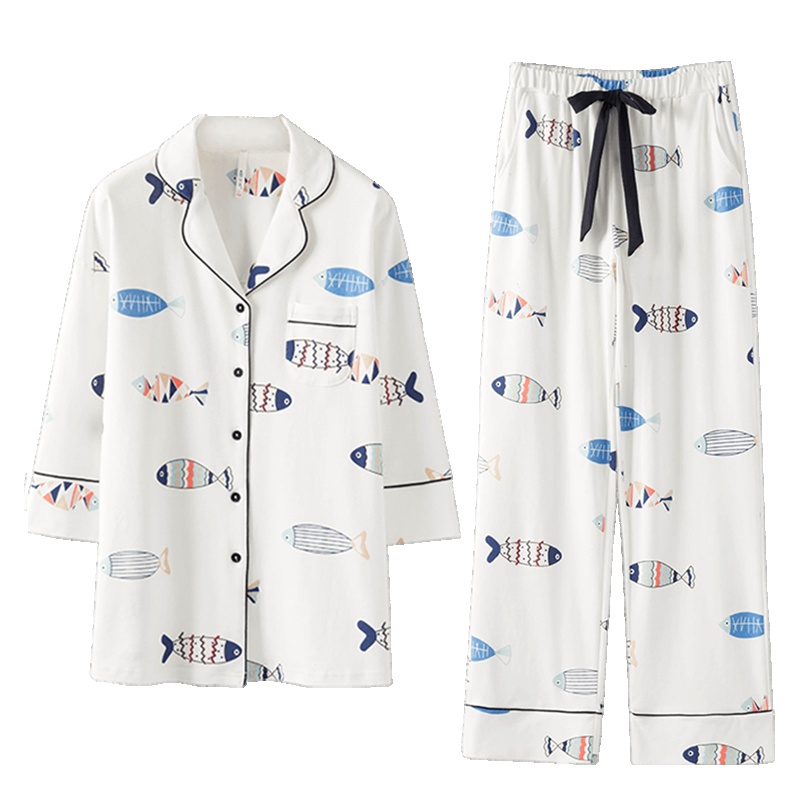 安之伴特卖七分长袖睡衣女棉质卡通韩版套装开衫全棉家居服春秋可外穿