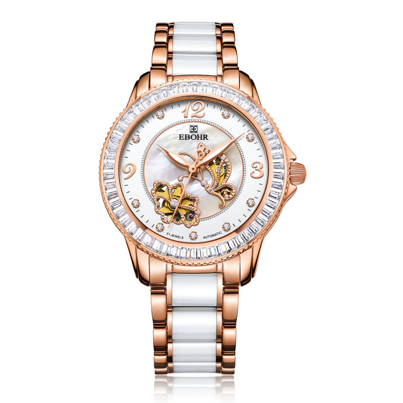 依波表(ebohr)潮流时尚 唯美蝶恋花白陶瓷带镂空自动机械表 女表手表