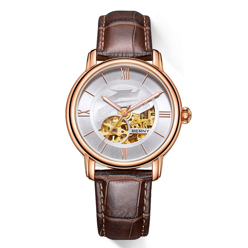 伯尼berny手表男士机械表 男新款龙凤呈祥系列夜光蓝宝石玻璃商务男表