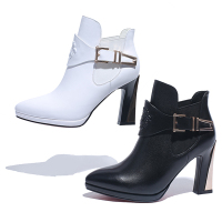 品点(Pandell)秋冬新款低跟女靴方头牛皮切尔西短靴舒适踝靴时尚马丁女靴子