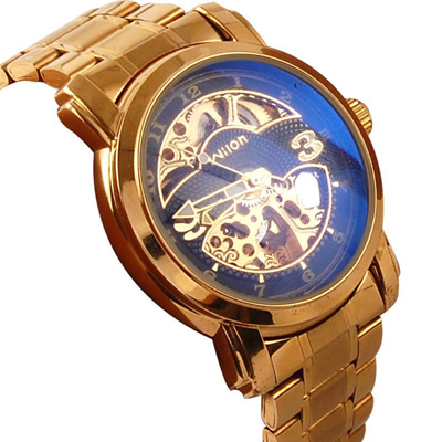 威龙wilon 金色镂空全自动机械表男士手表 土豪金