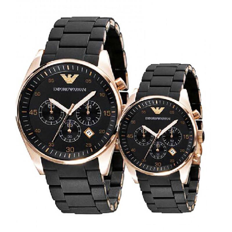 ]EMPORIO ARMANI阿玛尼玫瑰金酷黑石英情侣对表一对 时尚商务情侣装手表腕表AR5905/AR5906