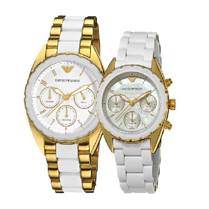 EMPORIO ARMANI阿玛尼精致三眼计时石英情侣对表 商务休闲情侣表手表腕表AR5944 AR5945