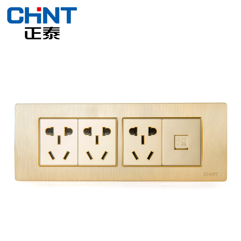 正泰(CHNT)118型电源插座NEW5D拉丝金PVC材质四位三插电脑插座面板