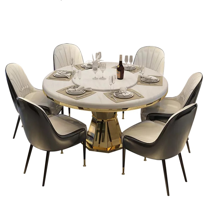 后现代轻奢大理石圆形餐桌餐椅组合美式简约现代旋转转盘饭桌家用