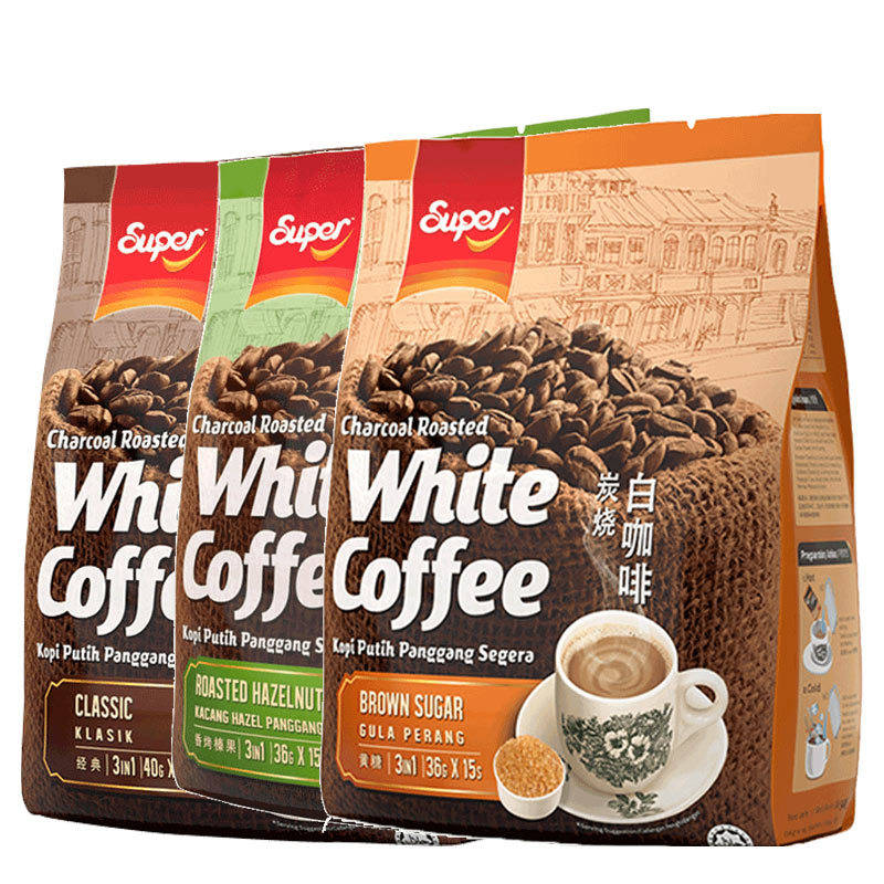 实发4袋/马来西亚进口咖啡 super超级牌炭烧经典原味白咖啡600g*3袋+送1袋 三合一速溶咖啡粉冲饮共60包