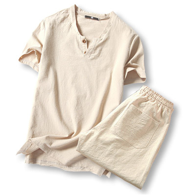 古仕卡特GUSSKATER春装新款夏装亚麻短袖T恤短裤套装男士棉麻休闲套装