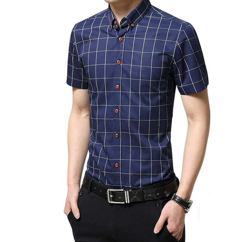 古仕卡特GUSSKATER新款夏季衬衫男短袖韩版格子修身男式夏装休闲白衬衣2311Q5037