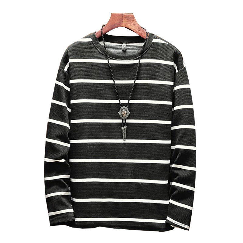 古什卡特 2018秋装新款 条纹大码长袖T恤男 修身男士条纹T恤
