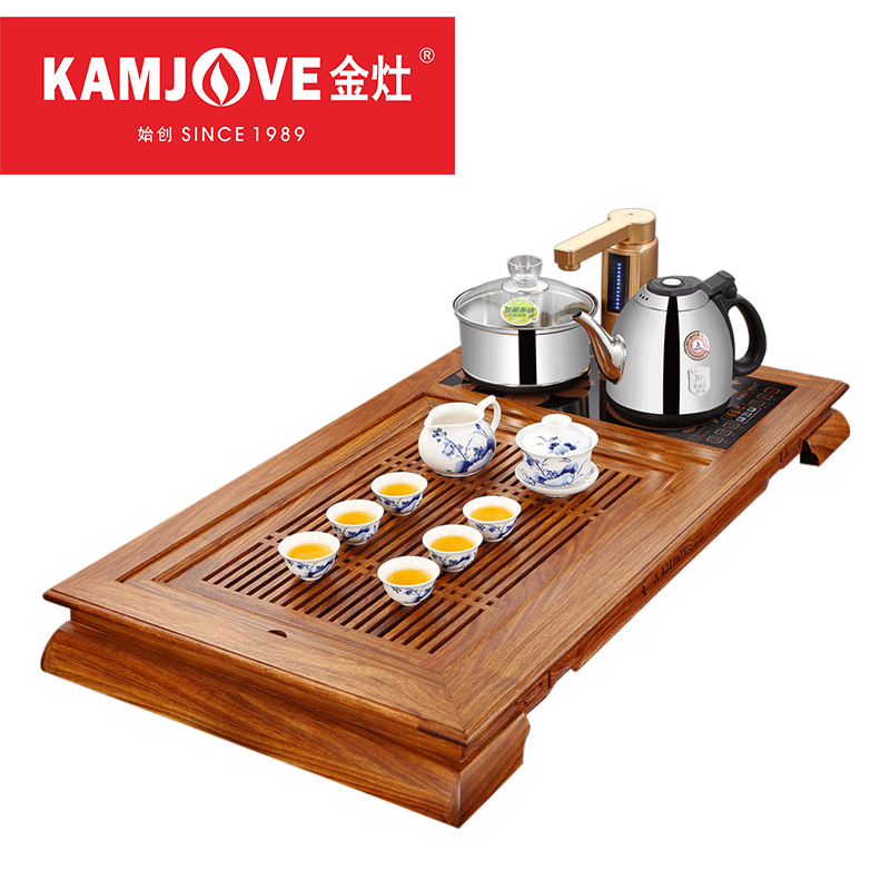 KAMJOVE/金灶R-580 金花梨实木茶盘一键智能泡茶机整套茶具搭配K9 陶瓷茶具 茶渣桶