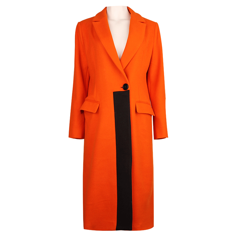 贝瑞英格2017新款羊毛西装领撞色宽松橙色毛呢外套大衣女中长款