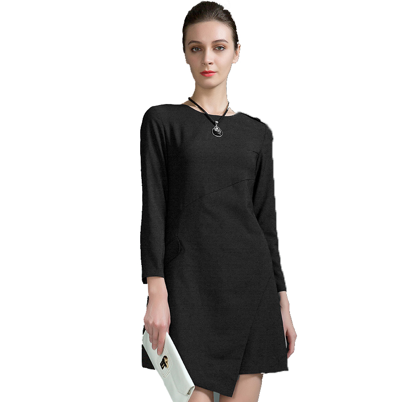 贝瑞英格2017新款春季气质名媛修身长袖圆领黑色不规则连衣裙女