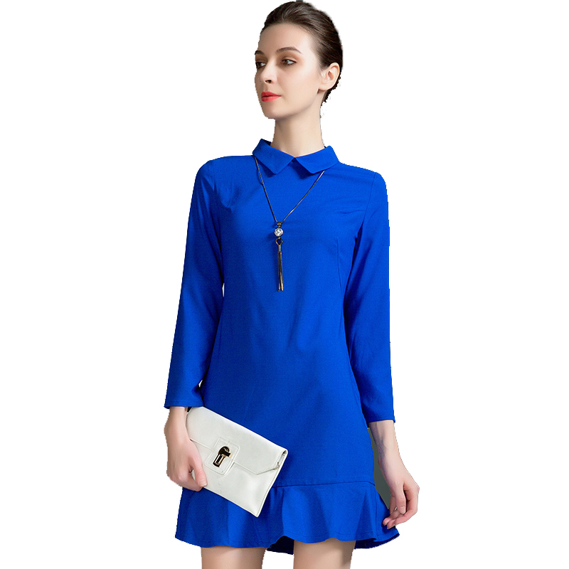 贝瑞英格2017春季新款翻领荷叶边长袖修身鱼尾连衣裙女装衬衫裙夏