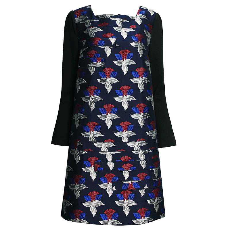 贝瑞英格连衣裙春装2017新款女长袖时尚印花圆领修身散摆中长款