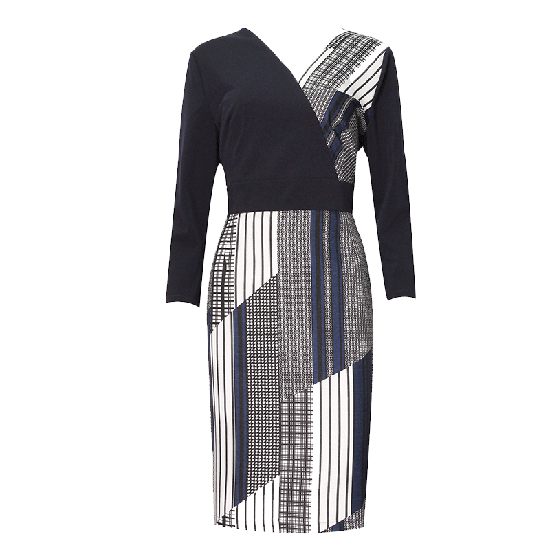 贝瑞英格V领春季连衣裙春装2017新款女长袖七分袖几何印花铅笔裙