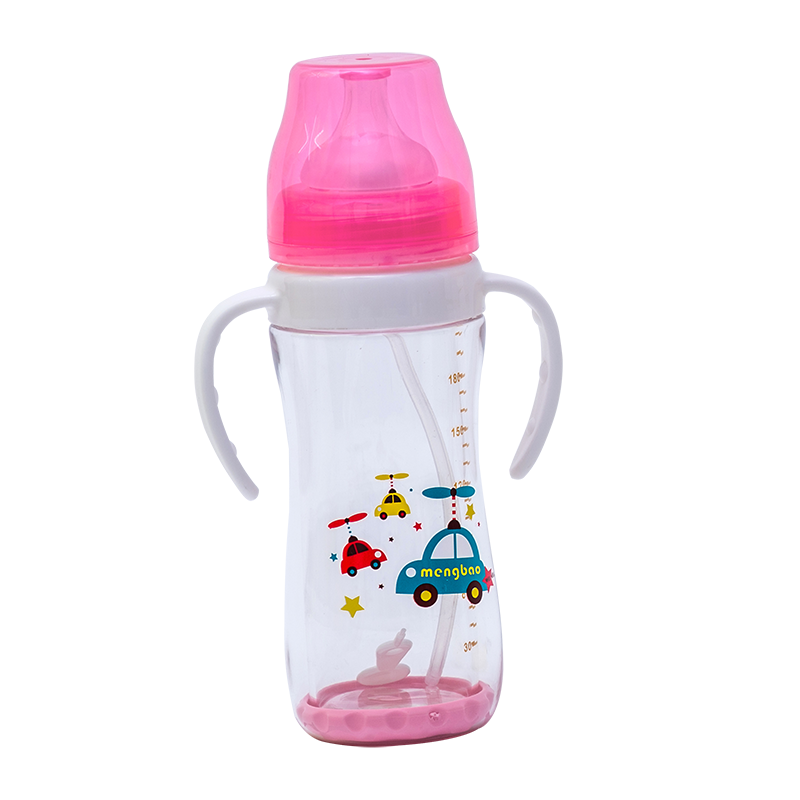 盟宝玻璃奶瓶 婴儿带手柄吸管宽口径奶瓶 宝宝双层防摔晶钻玻璃奶瓶220ml红色