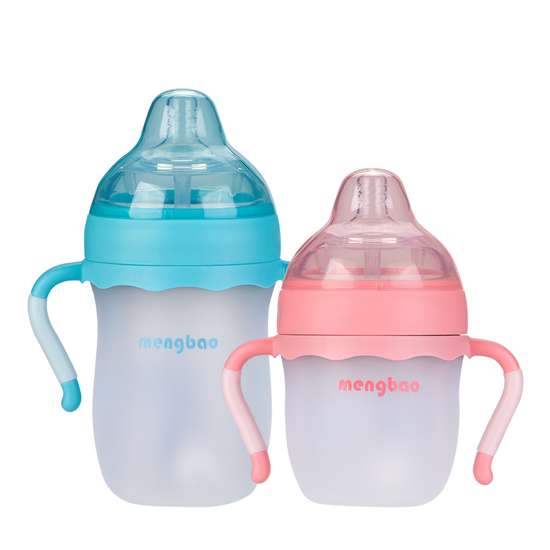 盟宝婴儿宝宝硅胶奶瓶 新生儿超宽口径带吸管手柄全软防胀气喝水奶瓶260ml粉红