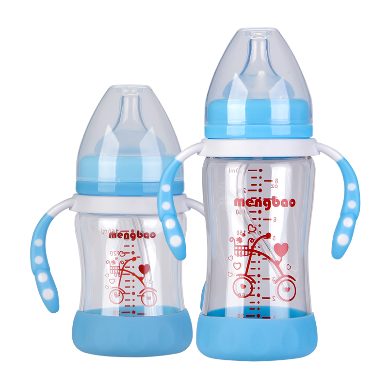 盟宝玻璃奶瓶 婴儿带手柄吸管宽口径奶瓶 防摔底mo523兰色+mo515兰色 两个装