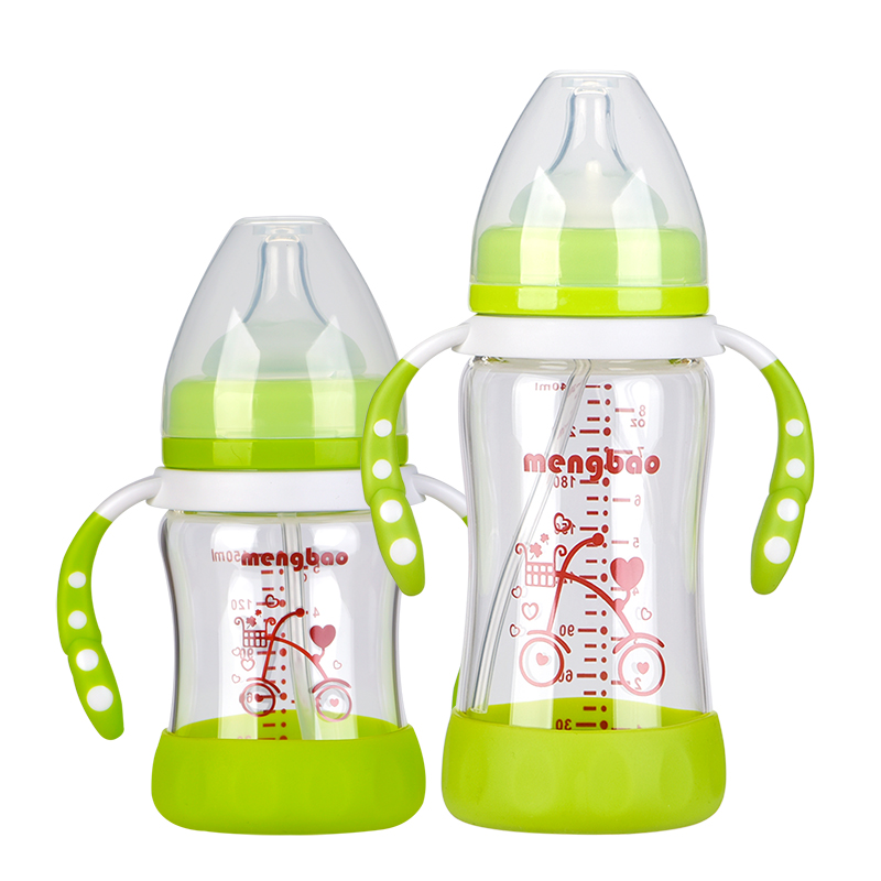 盟宝玻璃奶瓶 婴儿带手柄吸管宽口径奶瓶 防摔底mo523绿色+mo515绿色 两个装