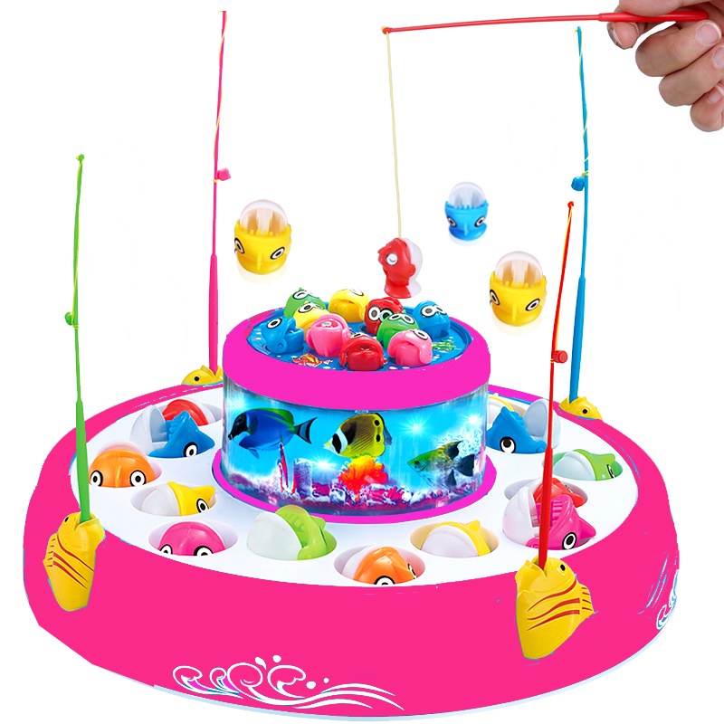 儿童磁性钓鱼玩具 电动旋转式音乐抓鱼玩具 小女孩捕鱼玩具 宝宝幼儿1-2-3岁早教益智玩具 有3D海洋灯光 亲子互动玩具