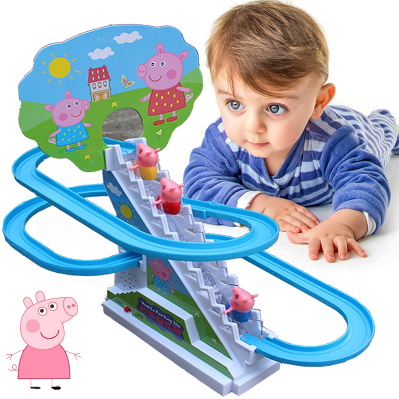 小猪佩琪爬上楼梯玩具 儿童拼装粉红佩佩奇电动滑梯轨道带灯光音乐
