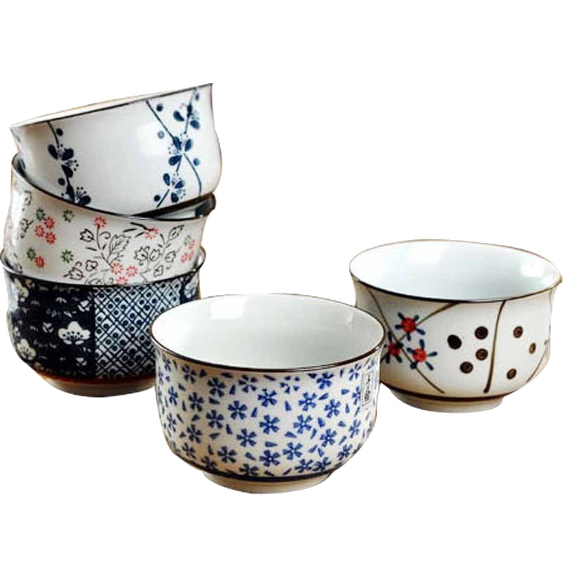 景德镇陶瓷和风 米饭碗 汤碗 宜家碗 釉下彩 手绘 青花金钟碗5个套装5色装组合套装