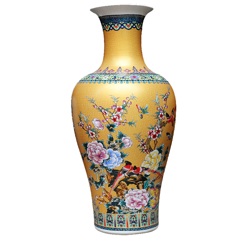 景德镇陶 瓷珐琅彩瓷 现在落地花瓶 金色鱼尾瓶黄色鱼尾瓶家居 摆件
