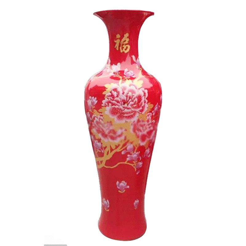 景德镇 陶瓷落地大花瓶 花开富贵牡丹 中国红落地摆件中国红1.2m