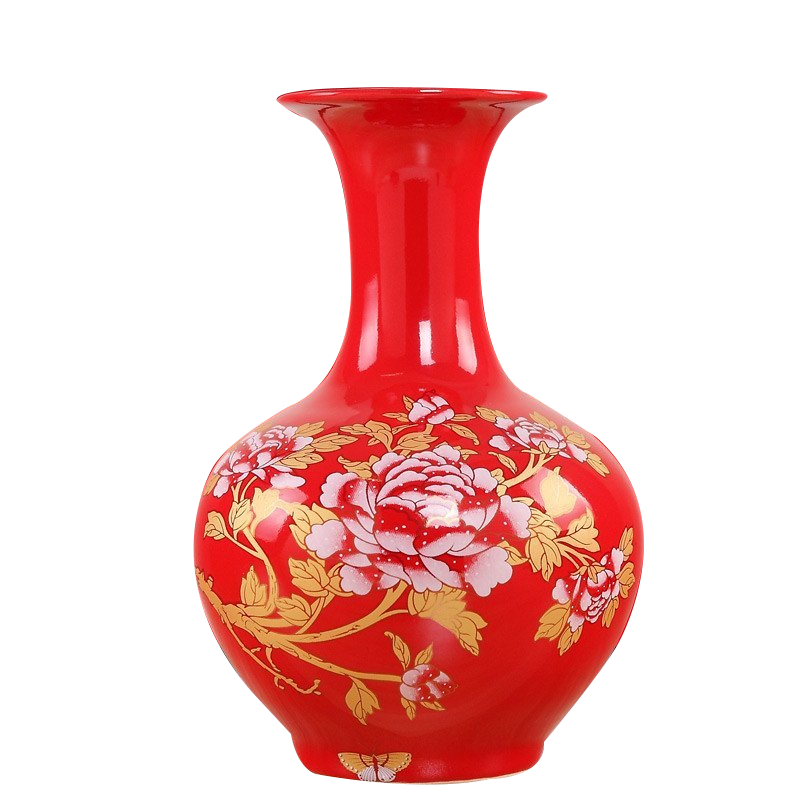 景德镇陶瓷器艺术品中国风红色花插花瓶小号客厅个性结婚礼物摆件