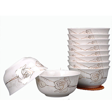 彩帮景德镇陶瓷碗骨瓷碗餐具套装 创意韩式可爱健康米饭碗 一支玫金色玫瑰(10个)家用餐具
