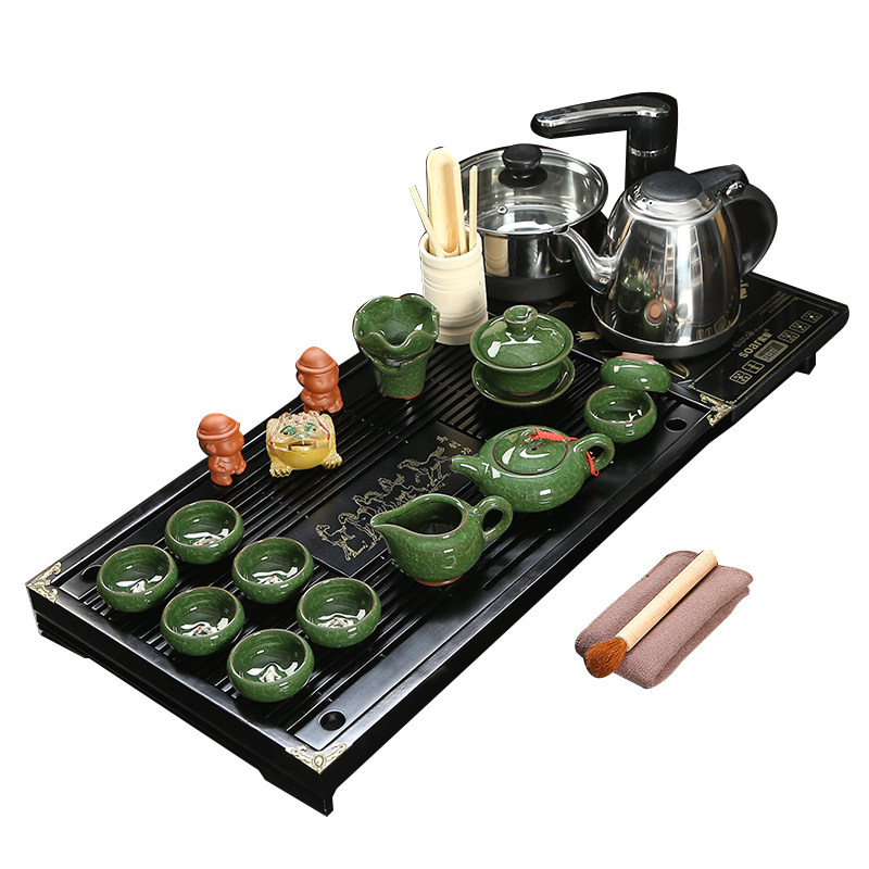 整套家用陶瓷功夫茶具套装特价四合一电磁炉实木茶盘茶台茶海款5马盘绿鱼冰裂