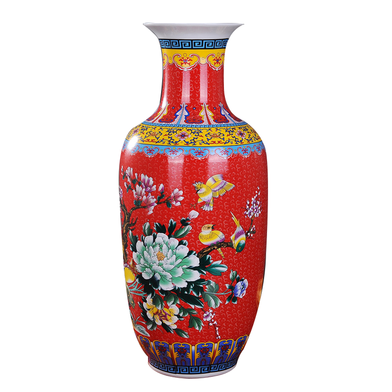 景德镇陶瓷花瓶简欧式落地大花瓶插花现代中式客厅装饰品电视柜摆件 红色冬瓜