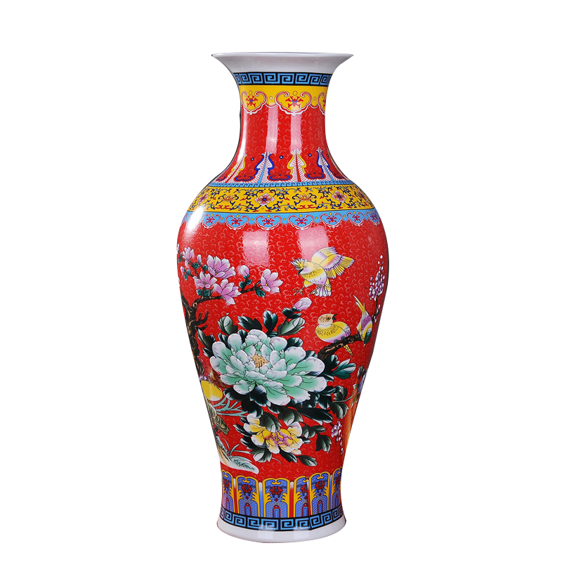 景德镇陶瓷花瓶简欧式落地大花瓶插花现代中式客厅装饰品电视柜摆件 红色鱼尾