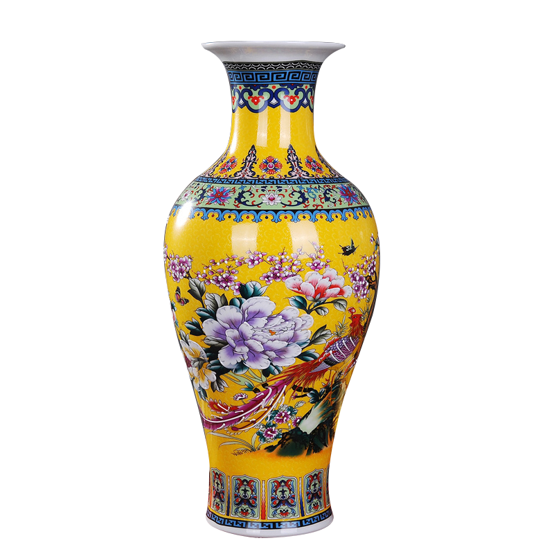 景德镇陶瓷花瓶简欧式落地大花瓶插花现代中式客厅装饰品电视柜摆件 黄色鱼尾